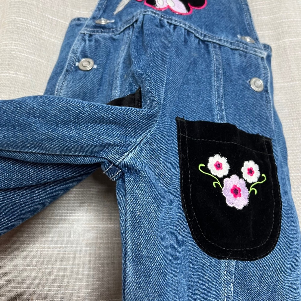 Y2K Vintage Disney Mickey Mouse Denim Overalls Floral Embroidered Velvet Size 2T - Picture 6 of 10